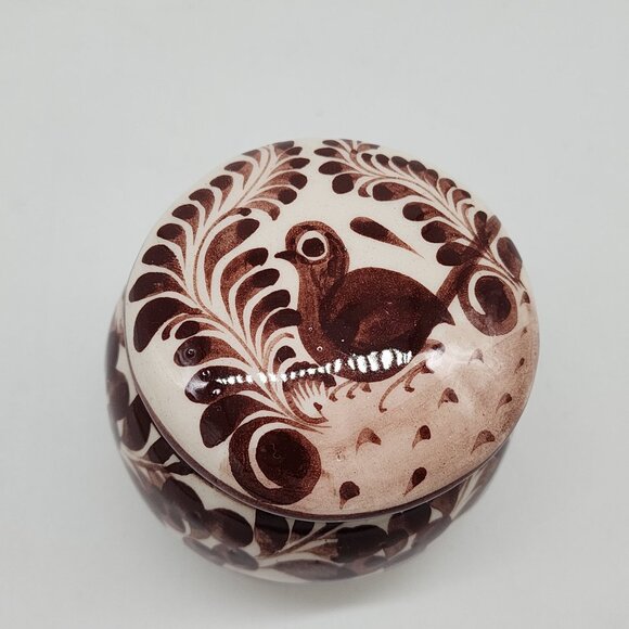 Mexican Hand Painted Ceramic Trinket Box With Floral & Bird Brown 3" Diameter - Picture 2 of 7